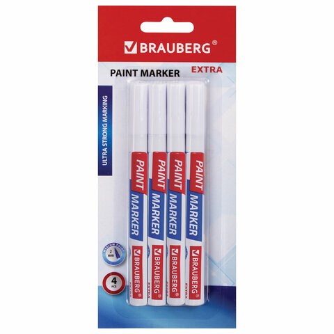 Маркер-краска лаковый EXTRA (paint marker) 2 мм, БЕЛЫЕ, НАБОР 4 шт., УСИЛЕННАЯ НИТРО-ОСНОВА, BRAUBERG, 151995 151995