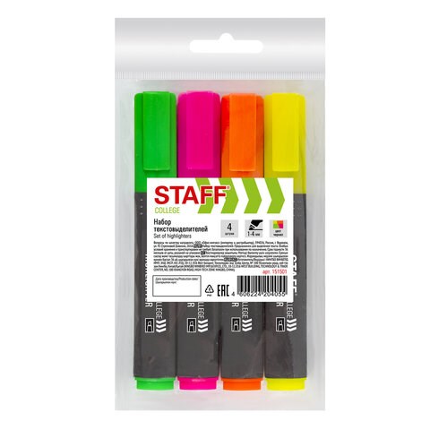 Набор текстовыделителей 4 шт., АССОРТИ, STAFF "College" STICK HL-497, линия письма 1-4 мм, 151501 151501