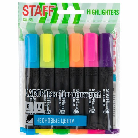 Набор текстовыделителей 6 НЕОНОВЫХ ЦВЕТОВ, АССОРТИ, STAFF College "STICK NEON", линия письма 1-4 мм, скошенный наконечник, 152534 152534
