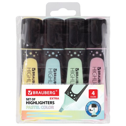 Набор текстовыделителей BRAUBERG 4 шт., АССОРТИ, "EXTRA PASTEL", прорезиненный корпус, линия 1-5 мм, 151756 151756