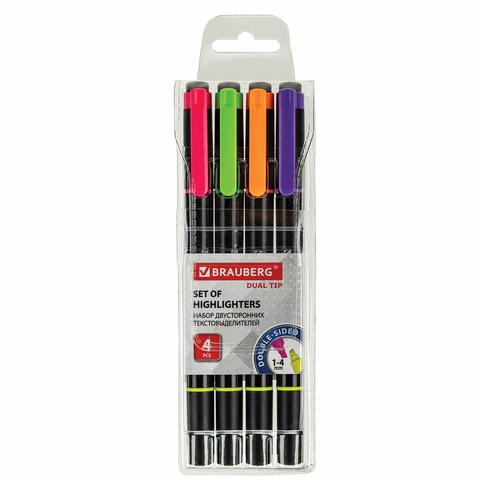 Набор текстовыделителей двусторонних BRAUBERG DUAL TIP 4 шт., АССОРТИ, линия 1-4 мм, 150845 150845