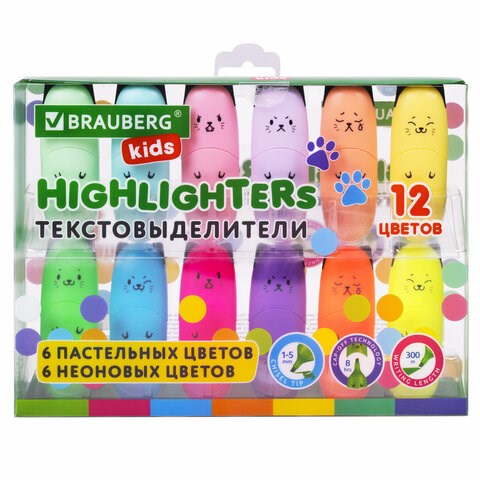 Набор текстовыделителей мини 12 ЦВЕТОВ BRAUBERG KIDS "CUTE CATS", линия 1-5 мм, 152437 152437