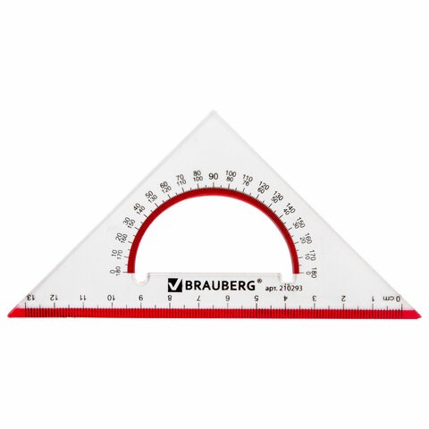 Треугольник пластиковый, угол 45, 13 см, BRAUBERG "Crystal", с транспортиром, прозрачный, с выделенной шкалой, 210293 210293
