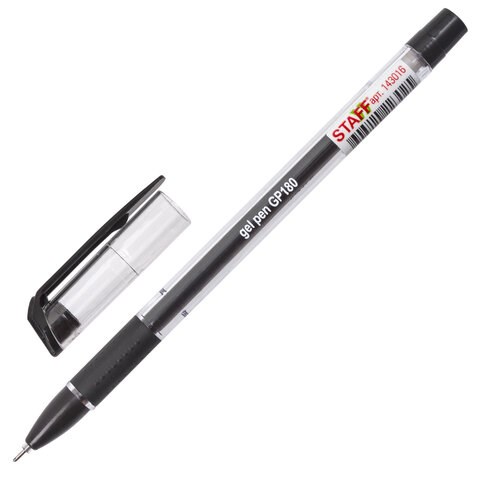 Ручка гелевая с грипом STAFF "College" GP-180, ЧЕРНАЯ, корпус прозрачный, игольчатый узел 0,6 мм, линия письма 0,3 мм, 143016 143016