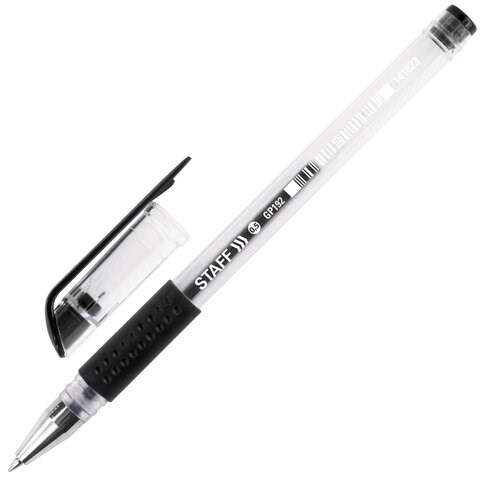 Ручка гелевая с грипом STAFF "EVERYDAY" GP-192, ЧЕРНАЯ, корпус прозрачный, узел 0,5 мм, линия письма 0,35 мм, 141823 141823