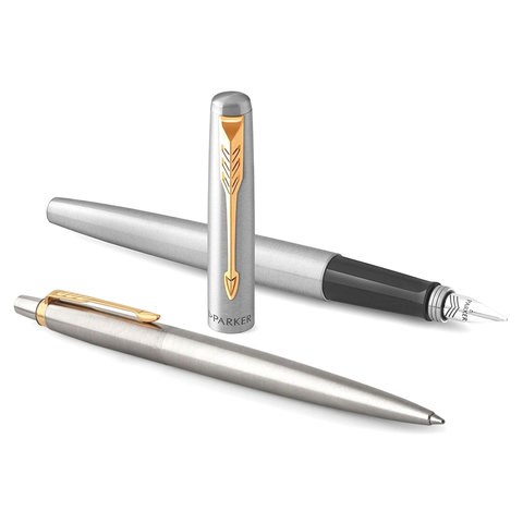Набор PARKER "Jotter Stainless Steel GT": шариковая ручка синяя и перьевая ручка, 2093257 143360