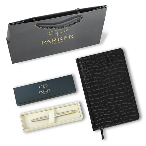 Ручка перьевая PARKER "Jotter Core Stainless Steel GT", ежедневник А5 черный, пакет, 880902 880902