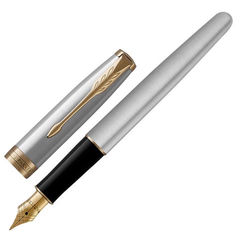 Ручка перьевая PARKER "Sonnet Core Stainless Steel GT", корпус серебристый, позолоченные детали, черная, 1931504 142361