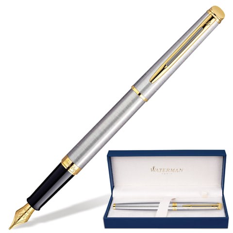 Ручка подарочная перьевая WATERMAN "Hemisphere Stainless Steel GT", серебристый корпус, позолоченные детали, синяя, S0920310 141691