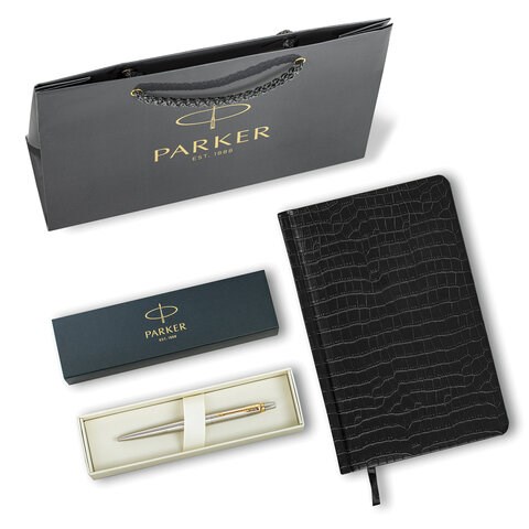 Ручка шариковая PARKER "Jotter Core Stainless Steel GT", ежедневник А5 черный, пакет, 880886 880886