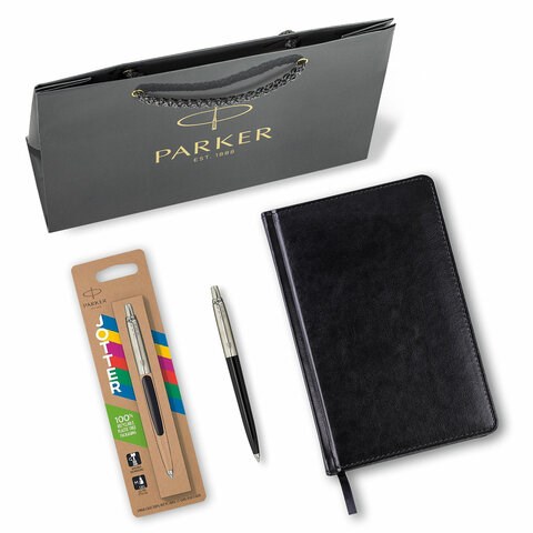 Ручка шариковая PARKER "Jotter Plastic CT", корпус черный, ежедневник А5 черный, белый срез, пакет, 880895 880895