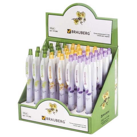 Ручка шариковая автоматическая с грипом BRAUBERG "Herb Time", СИНЯЯ, корпус ассорти, узел 0,7 мм, линия письма 0,35 мм, 141286 141286
