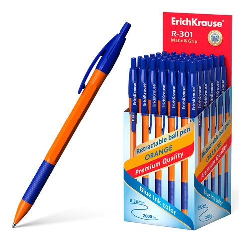 Ручка шариковая автоматическая с грипом ERICH KRAUSE "R-301 Orange", СИНЯЯ, узел 1,0 мм, линия письма 0,35 мм, 46762 143896