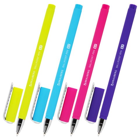 Ручка шариковая BRAUBERG SOFT TOUCH STICK "NEON", СИНЯЯ, мягкое покрытие, корпус ассорти, узел 0,7 мм, 143697 143697