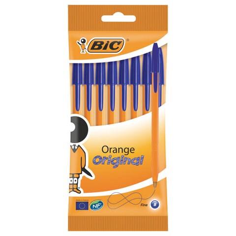 Ручки шариковые BIC "Orange Fine", НАБОР 8 шт., СИНИЕ, линия письма 0,32 мм, пакет, 919228 143982
