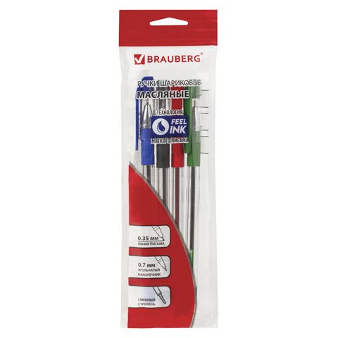 Ручки шариковые масляные BRAUBERG, НАБОР 4 шт., АССОРТИ, "Max-Oil", узел 0,7 мм, линия письма 0,35 мм, 142146 142146