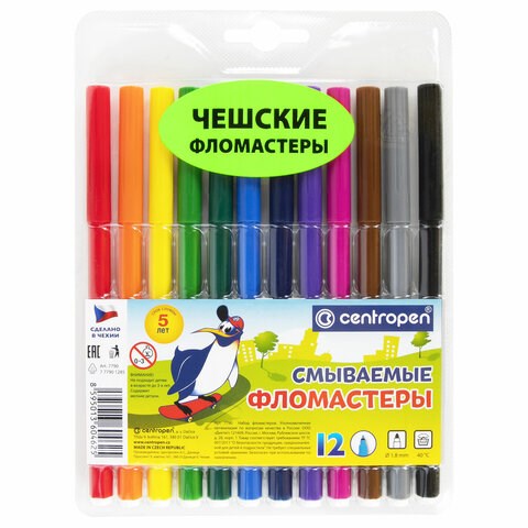 Фломастеры 12 ЦВЕТОВ CENTROPEN "Washable", смываемые, вентилируемый колпачок, 7790/12TP, 7 7790 1285 152076