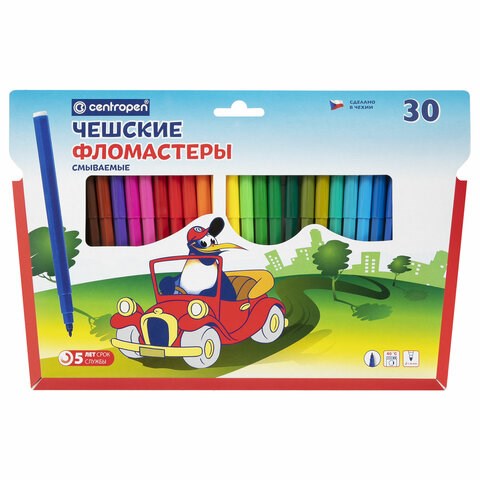 Фломастеры 30 ЦВЕТОВ CENTROPEN "Пингвины", смываемые, вентилируемый колпачок, 7790/30ET, 7 7790 3086 151187