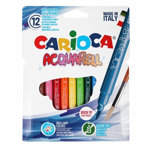 Фломастеры акварельные CARIOCA (Италия) "Aquarell", 12 цветов, наконечник-кисть, смываемые, картонный конверт, 42747 151223
