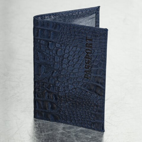 Обложка для паспорта натуральная кожа кайман, "PASSPORT", темно-синяя, BRAUBERG, 237196 237196