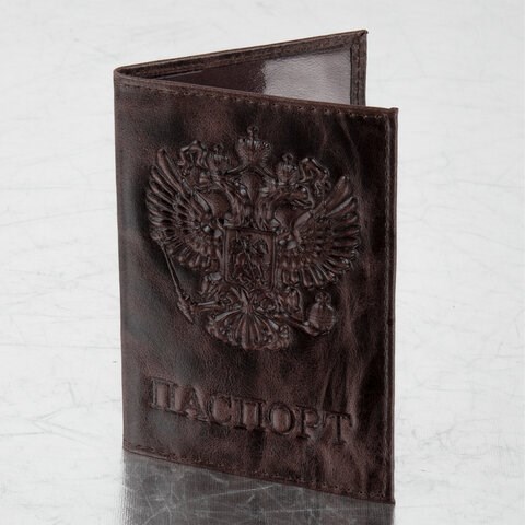 Обложка для паспорта натуральная кожа пулап, 3D герб + тиснение "ПАСПОРТ", темно-коричневая, BRAUBERG, 238194 238194