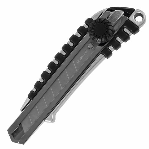 Нож канцелярский 18 мм BRAUBERG "Metallic", роликовый фиксатор, резиновые вставки, металл, 237159 237159