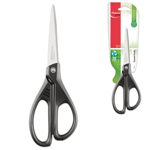 Ножницы MAPED (Франция) "Essentials Green", 210 мм, черные, эргономичные ручки, картонная упаковка с европодвесом, 468110 235483