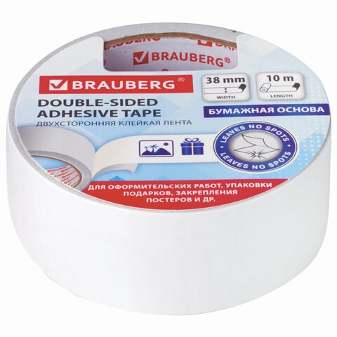 Клейкая двухсторонняя лента 38 мм х 10 м, БУМАЖНАЯ ОСНОВА, BRAUBERG, 229056 229056