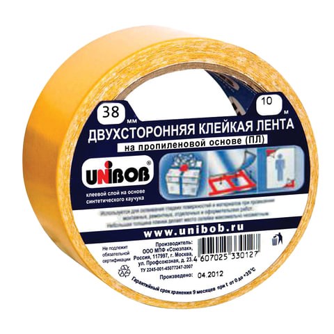 Клейкая двухсторонняя лента 38 мм х 10 м, ПОЛИПРОПИЛЕНОВАЯ ОСНОВА, UNIBOB, 38566 600017