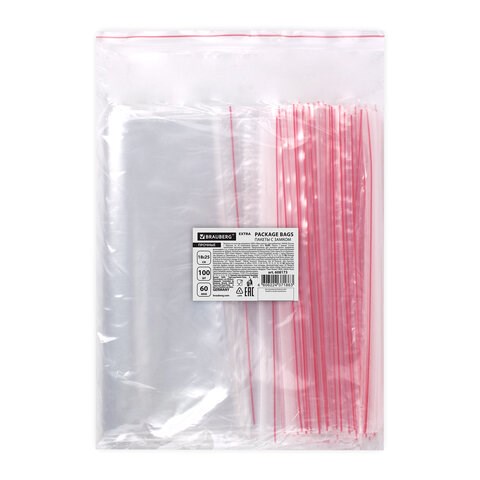 Пакеты ZIP LOCK "зиплок" ПРОЧНЫЕ, комплект 100 шт., 180х250 мм, ПВД, 60 мкм, BRAUBERG EXTRA, 608173 608173