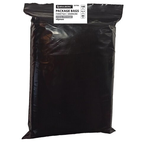 Пакеты ZIP-LOCK ОЧЕНЬ ПРОЧНЫЕ, комплект 100 шт., 100x150 мм, ПВД, 80 мкм., ЧЁРНЫЕ, BRAUBERG, 608932 608932