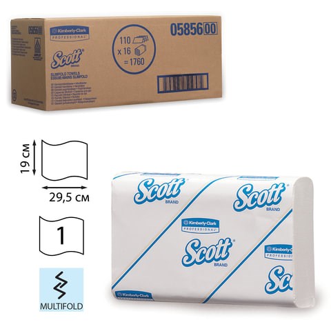Полотенца бумажные 110 шт., KIMBERLY-CLARK Scott, КОМПЛЕКТ 16 шт., Slimfold, белые, 29,5х19 см, М-fold, 5856 126121