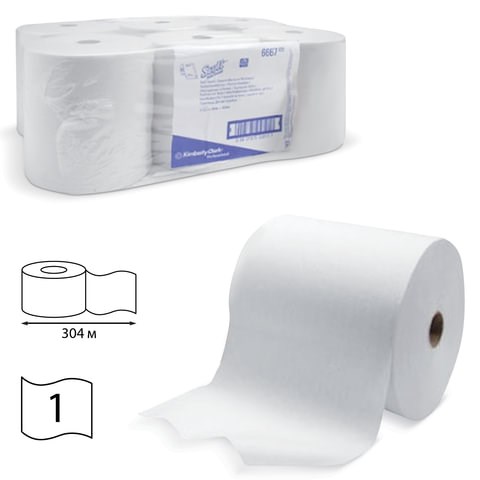 Полотенца бумажные рулонные KIMBERLY-CLARK Scott, КОМПЛЕКТ 6 шт., 304 м, белые, артикул 6667 126122