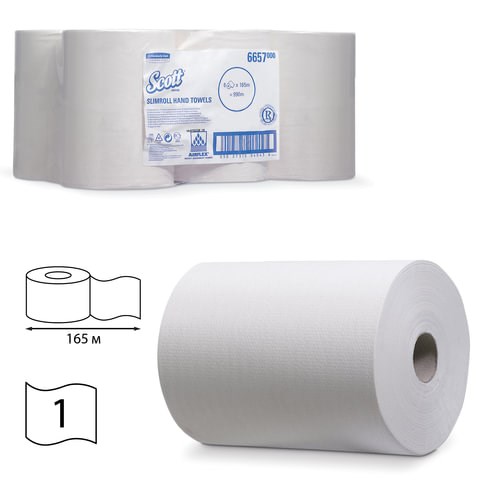 Полотенца бумажные рулонные KIMBERLY-CLARK Scott, КОМПЛЕКТ 6 шт., Slimroll, 165 м, белые, артикул 6657 126123