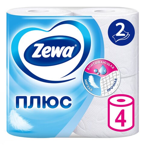 Бумага туалетная 2-х слойная, 4 рулона (4х23 м), белая, ZEWA Plus, 144051 122814