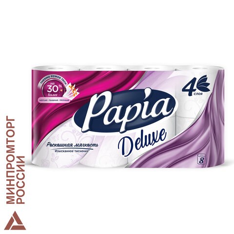 Бумага туалетная бытовая, спайка 8 шт., 4-слойная (8х16 м), PAPIA DELUXE, белая, 5080737 112046