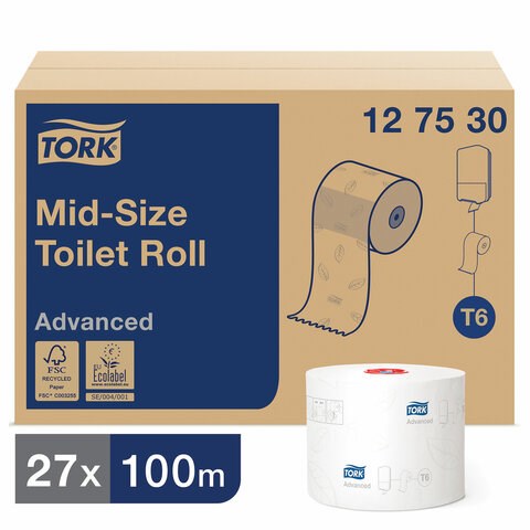 Бумага туалетная 100 м, TORK (Система Т6), комплект 27 шт., Advanced, 2-слойная, белая, 127530 126135