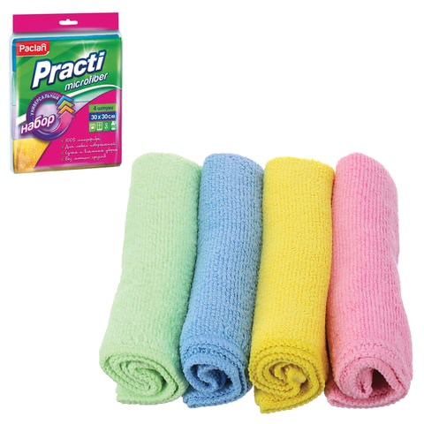 Салфетки из МИКРОФИБРЫ универсальные 30х30 см, КОМПЛЕКТ 4 шт., Practi Microfiber, 240 г/м2, PACLAN, 74825, 410260 604095