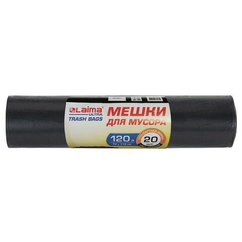 Мешки для мусора LAIMA "ULTRA" 120 л, черные, рулон 20 шт., сверхпрочные, ПСД 60 мкм, 70х110 см, 607697 607697