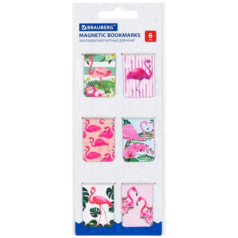 Закладки для книг МАГНИТНЫЕ, "FLAMINGO", набор 6 шт., 35x25 мм, BRAUBERG, 113165 113165