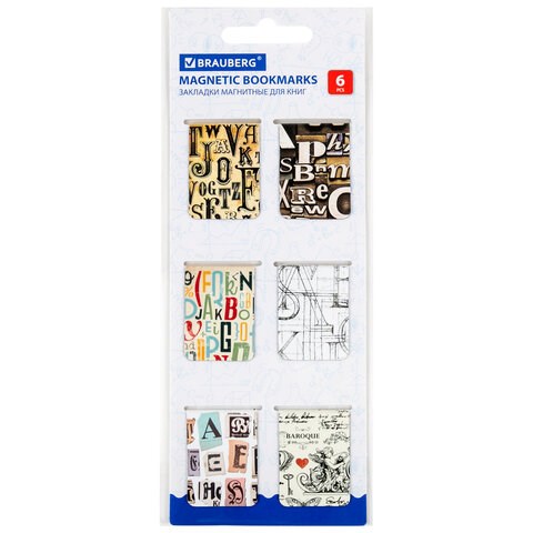 Закладки для книг МАГНИТНЫЕ, "LETTERS", набор 6 шт., 35x25 мм, BRAUBERG, 113166 113166
