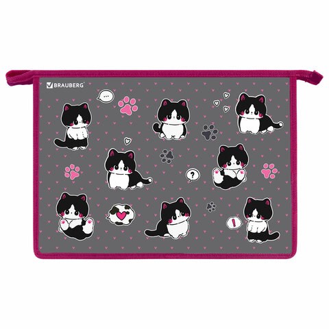 Папка для труда на молнии BRAUBERG А4, 2 отделения, органайзер, "Cat patches", 272211 272211