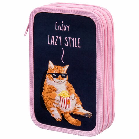 Пенал ПИФАГОР, 3 отделения, ламинированный картон, 19х11 см, "Lazy cat", 272252 272252