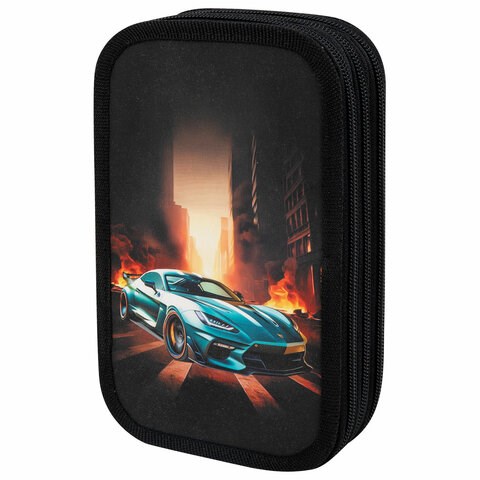 Пенал ЮНЛАНДИЯ, 3 отделения, картон с эффектом soft-touch, 19х11 см, "Fire car", 272267 272267