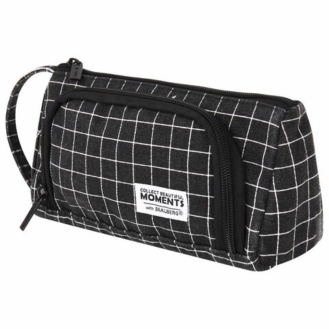 Пенал-косметичка BRAUBERG с ручкой, 1 откидная планка, полиэстер, 22x10х8 см, "Checkered black", 271559 271559