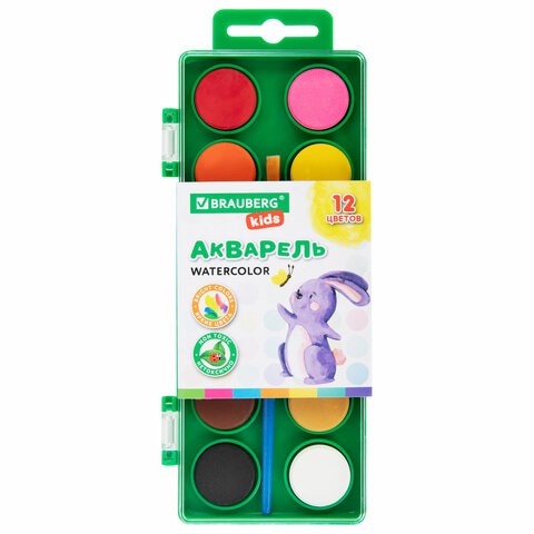 Краски акварельные BRAUBERG KIDS, 12 ярких цветов, круглые кюветы, пластиковый пенал, 191806 191806