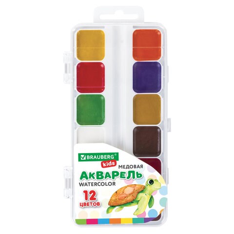 Краски акварельные BRAUBERG KIDS, медовые, 12 цветов, квадратные кюветы, пластиковый пенал, 192282 192282