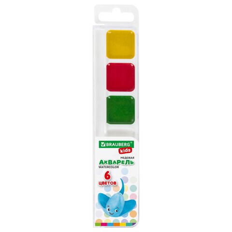 Краски акварельные BRAUBERG KIDS, медовые, 6 цветов, квадратные кюветы, пластиковый пенал, 192281 192281