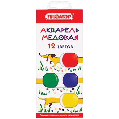 Краски акварельные медовые 12 цветов ПИФАГОР "ВЕСЕЛАЯ ТАКСА", картонная коробка, 192007 192007