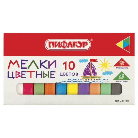Мел цветной квадратный 10 штук, ПИФАГОР, картонная упаковка, 221168 221168